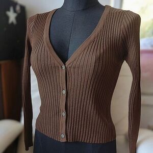 Pecan brown fitted rib knit v-neck long sleeve cardigan XXS